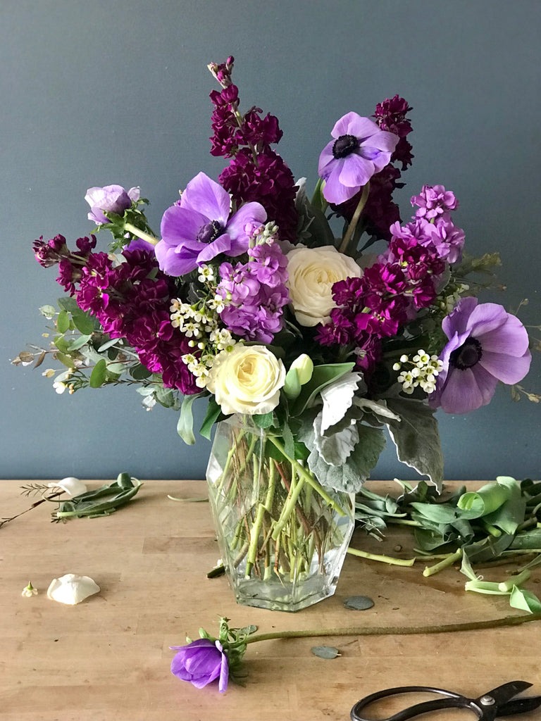 purple flowers- Stock, Anemone, Garden Roses for delivery in Eugene, Oregon