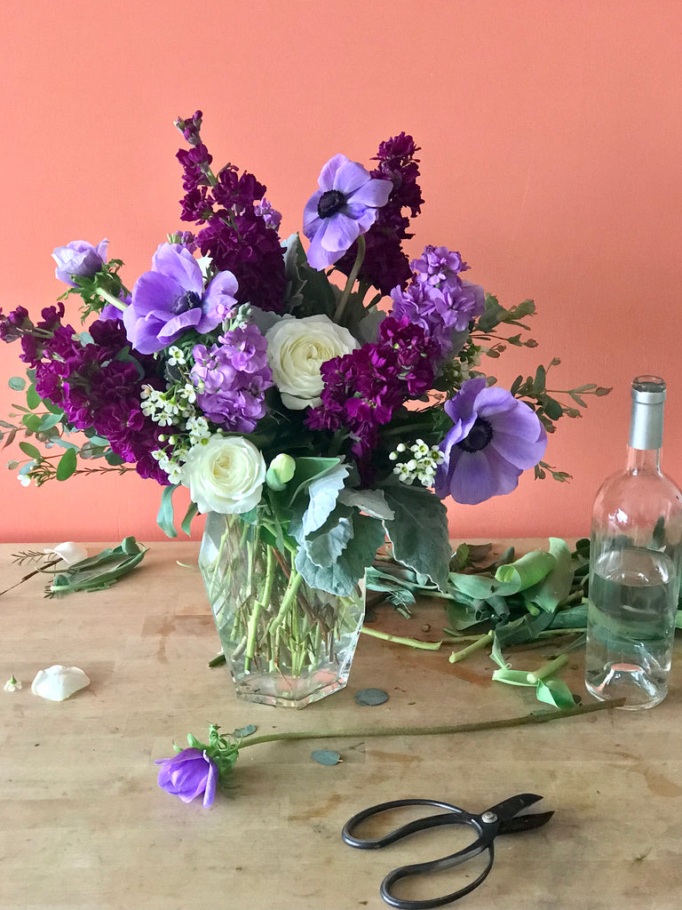 purple flowers- Stock, Anemone, Garden Roses for delivery in Eugene, Oregon