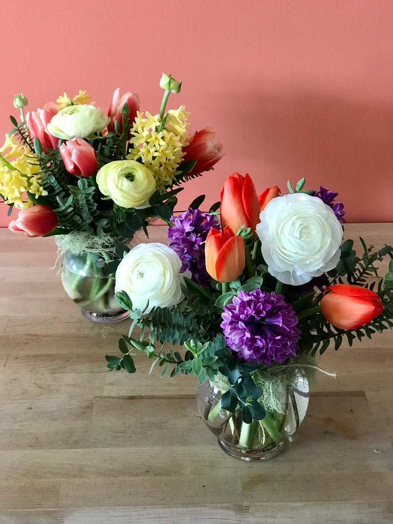 Locally grown flowers.  Assorted Tulips, Hyacinth, and Ranunculus for delivery in Eugene, Oregon